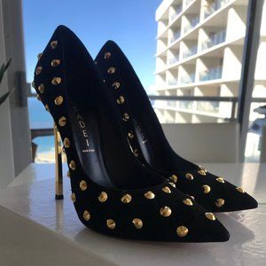 Casadei Black Suede Gold Studded Stiletto Pumps